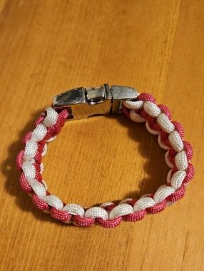 Braided Pink and White Paracord Bracelet with Silver Clasp